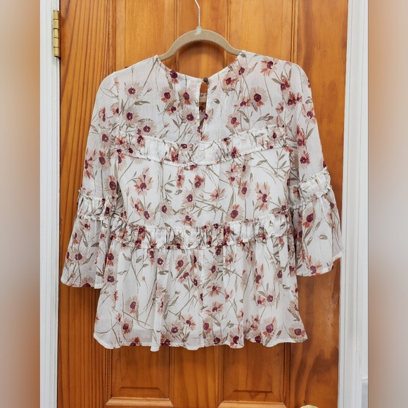 Lucky Brand Boho Babydoll Floral Ruffled Tiered Top Blouse Size XS Extra Small - Picture 2 of 6